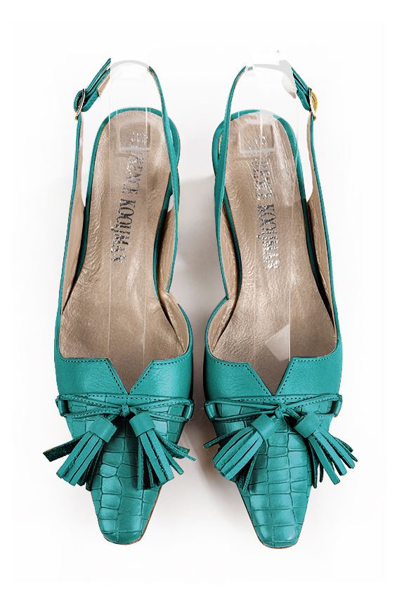 Turquoise blue women's open back shoes, with a knot. Tapered toe. Low kitten heels. Top view - Florence KOOIJMAN